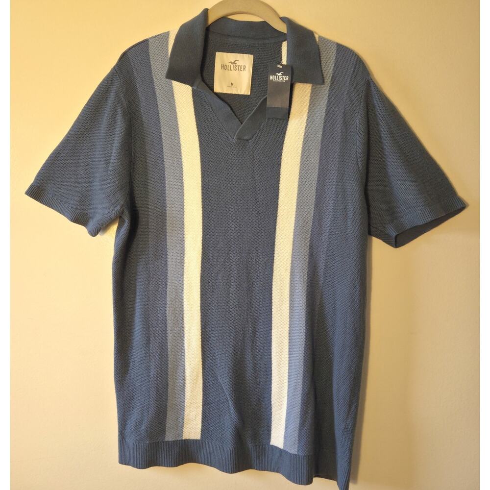 New Hollister Mens Polo Shirt Sz M Blues Stripe Knit Sweater Blend Cabana Retro